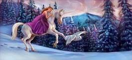 Plakat koń śnieg las sztuka sowa