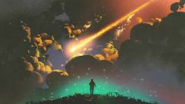 Naklejka night scenery of a boy looking the meteor in the colorful sky, digital art style, illustration painting