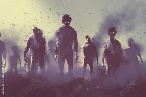 Fototapeta zombie crowd walking at night,halloween concept,illustration painting