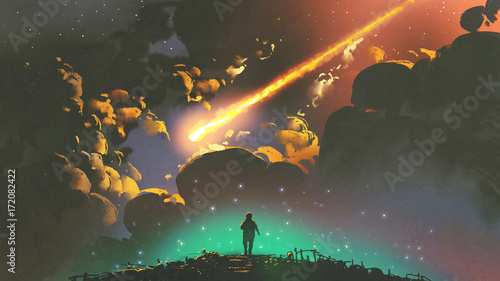 Naklejka night scenery of a boy looking the meteor in the colorful sky, digital art style, illustration painting