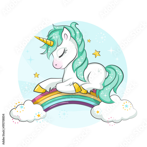 Fototapeta Little pony. Cute magical unicorn and rainbow. Vector design isolated on white background. Print for t-shirt or sticker. Romantic hand drawing illustration for children.