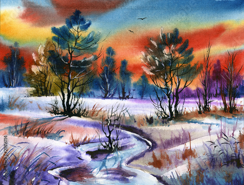 Plakat Zimowy pejrzaż malowany farbą