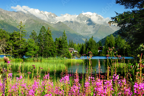 Plakat Widok na jezioro w alpach