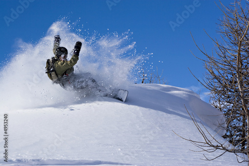 Plakat snowboard narty błękitne niebo śnieg