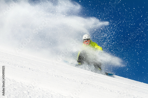 Plakat snowboarder sporty ekstremalne chłopiec narty góra