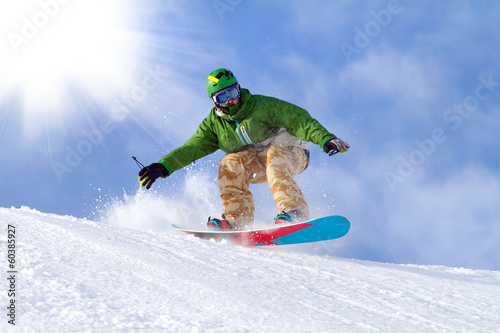 Plakat snowboard chłopiec słońce