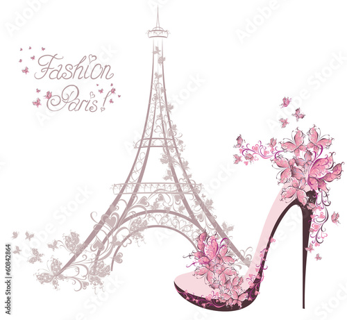 Plakat High-heeled shoes on background of Eiffel Tower. Paris Fashion