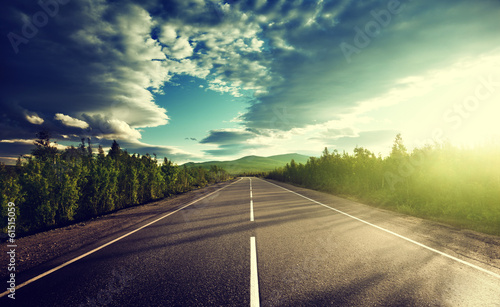 Naklejka las drzewa świt niebo autostrada