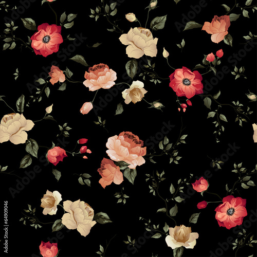 Fototapeta Seamless vector floral pattern with roses on dark background