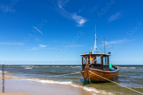 Plakat krajobraz statek plaża morze