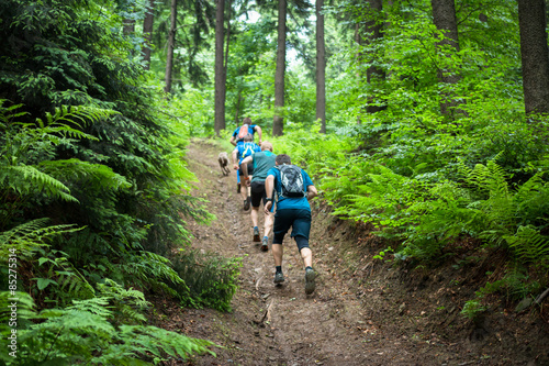 Plakat four men running hard up the hill in the forest with fern