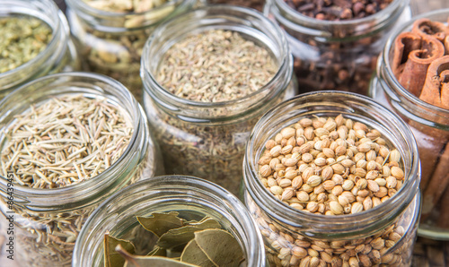 Fototapeta Herbs and spices in mason jar